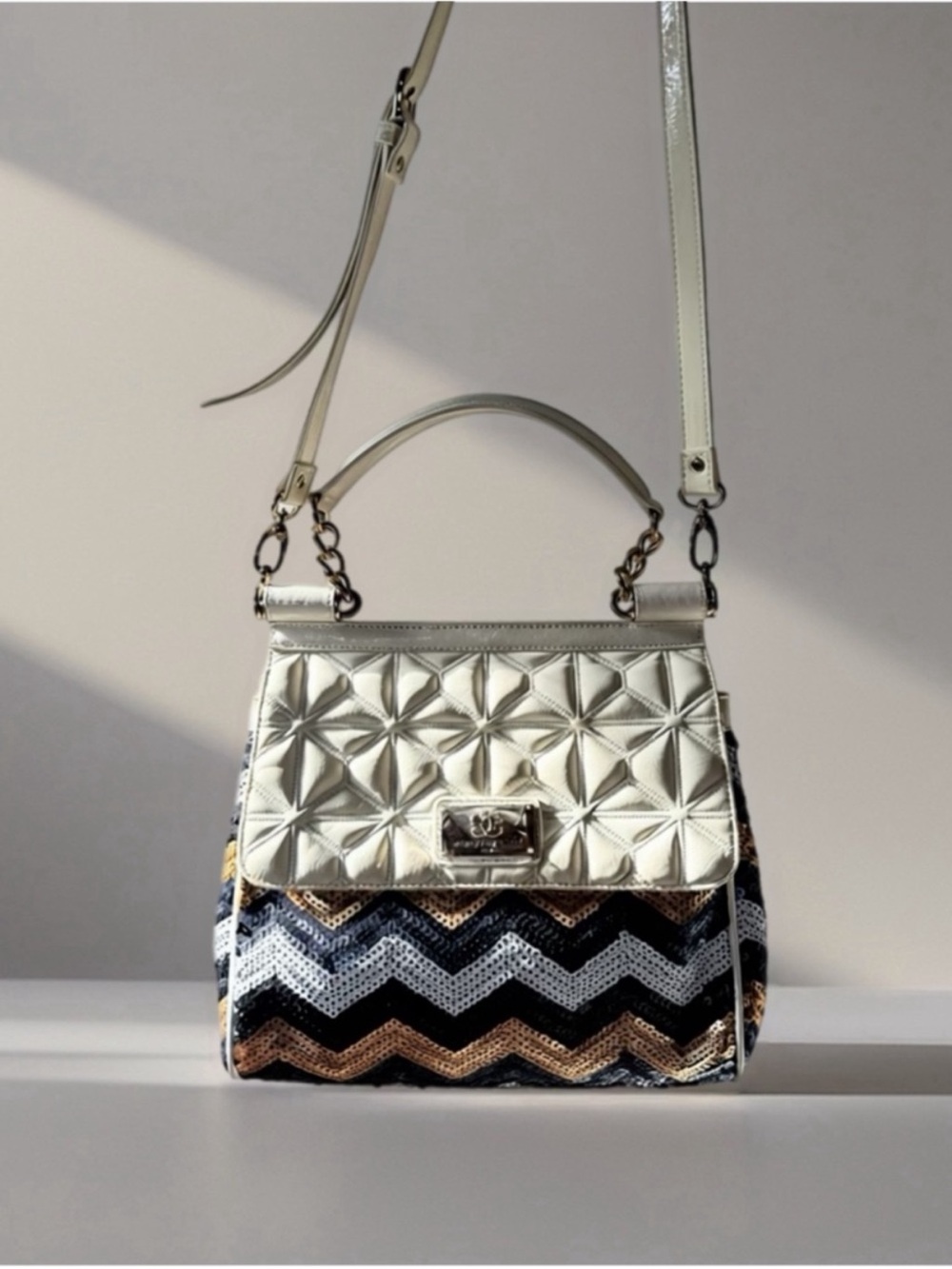 Sharif Metallic Silver Chevron Sequin Top-Handle Shoulder Bag